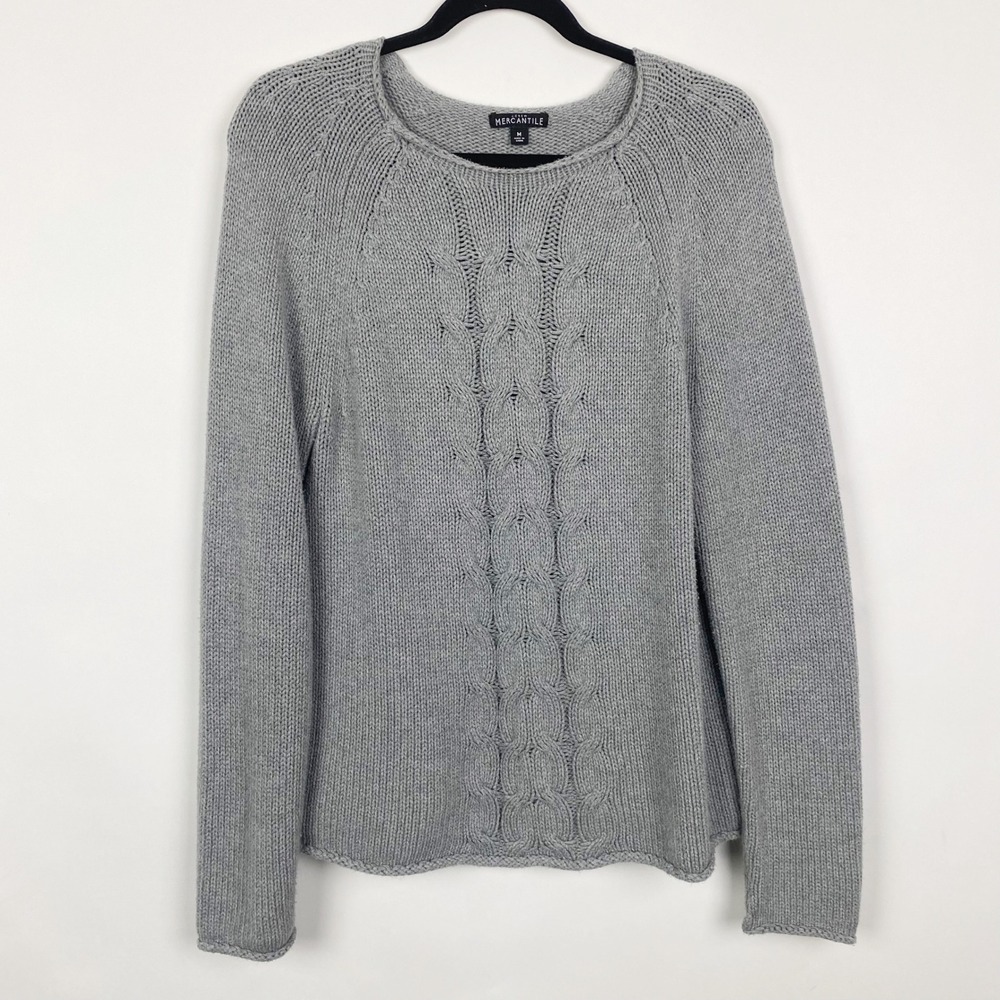 J. Crew Mercantile Cotton‎ Cable Knit Roll Neck Pullover Sweater Womens M Gray